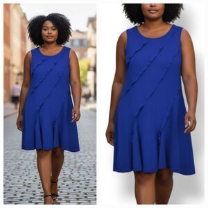 Donna Karan Asymmetrical Ruffle Sleeveless Flared Dress in Sapphire Blue Size 16